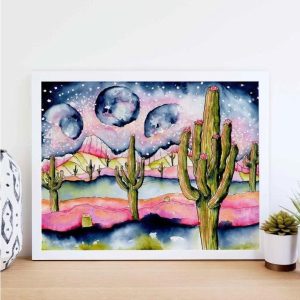 Saguaro cactus, galaxy, & moon phase print