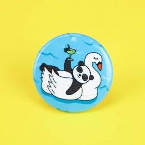 Panda on a Swan Pool Float Summer Animal Pinback Button