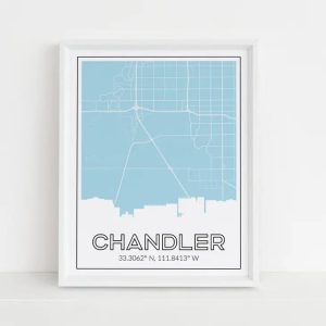 8×10 Light Blue Chandler Arizona Map, Skyline and City Coordinates Art Print