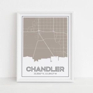 8×10 Tan Chandler Arizona Map, Skyline and City Coordinates Art Print