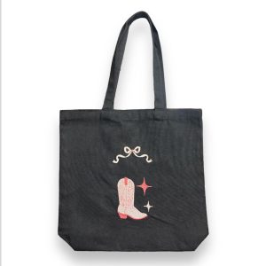 Pink Boot with Ribbon on Black Tote Bag